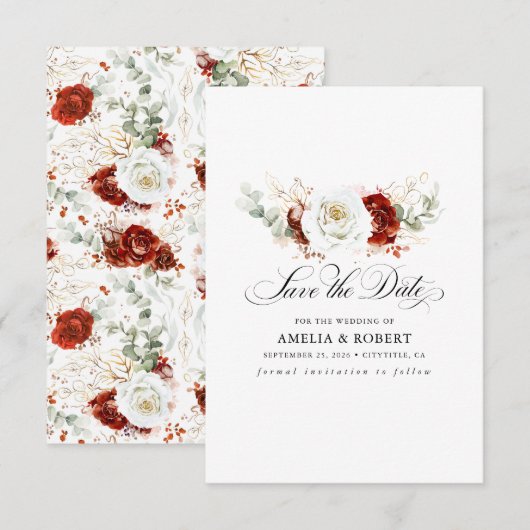 Burgundy Red and White Chic Floral Save the Date (Voorkant / Achterkant)
