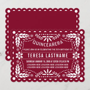 Burgundy red and white papel picado Quinceañera Kaart
