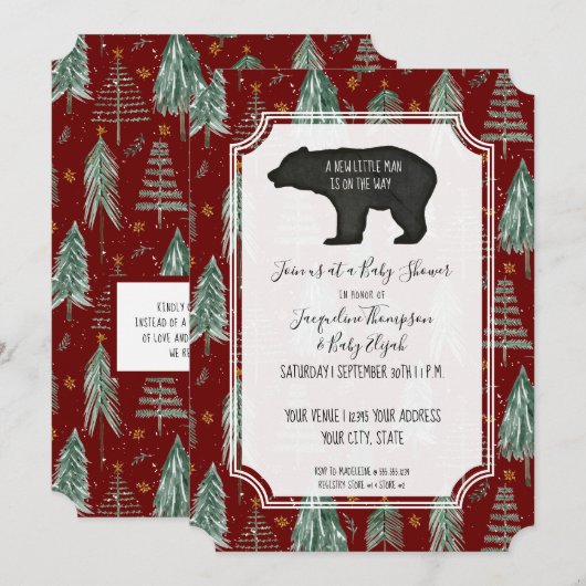 Burgundy Red Beer Woodland Forest Baby Boy Shower Kaart (Voorkant / Achterkant)