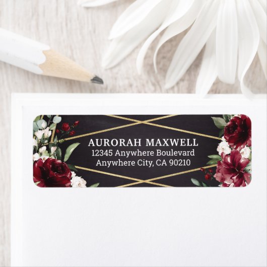 Burgundy Red Black en Gold Floral Elegant Adres Etiket (Insitu)