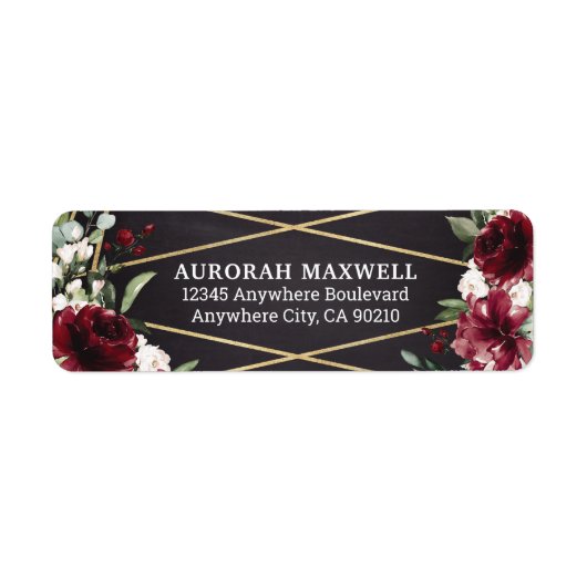 Burgundy Red Black en Gold Floral Elegant Adres Etiket (Voorkant)