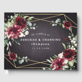 Burgundy Red Black en Gold Floral Elegant Wedding Gastenboek