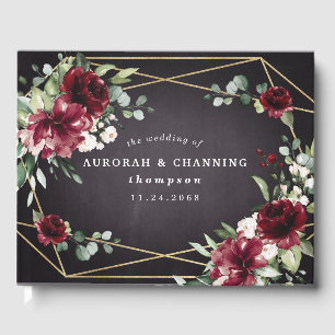 Burgundy Red Black en Gold Floral Elegant Wedding Gastenboek