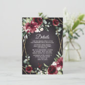 Burgundy Red Black en Gold Floral Elegant Wedding Informatiekaartje (Staand voorkant)