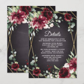 Burgundy Red Black en Gold Floral Elegant Wedding Informatiekaartje (Voorkant / Achterkant)