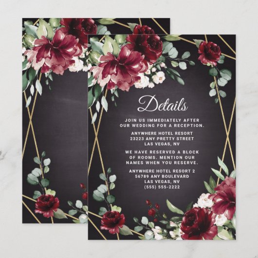 Burgundy Red Black en Gold Floral Elegant Wedding Informatiekaartje (Voorkant / Achterkant)