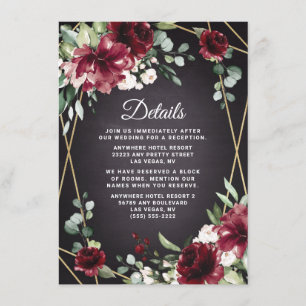 Burgundy Red Black en Gold Floral Elegant Wedding Informatiekaartje
