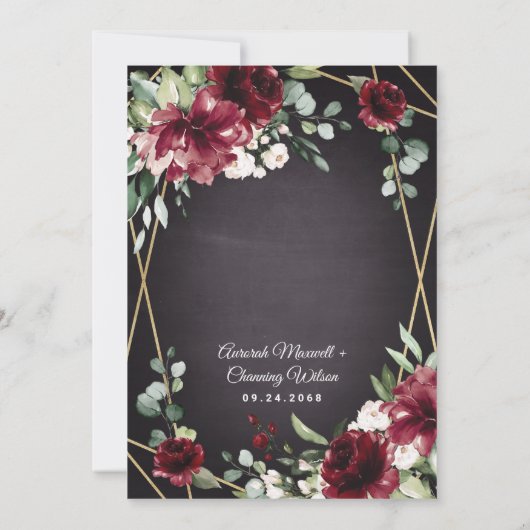 Burgundy Red Black en Gold Floral Elegant Wedding Kaart (Achterkant)
