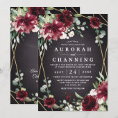 Burgundy Red Black en Gold Floral Elegant Wedding Kaart (Voorkant / Achterkant)