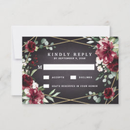 Burgundy Red Black en Gold Floral Elegant Wedding RSVP Kaartje