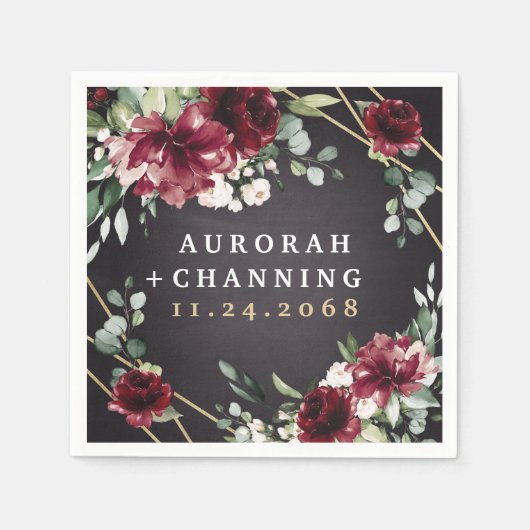 Burgundy Red Black en Gold Floral Elegant Wedding Servet (Voorkant)