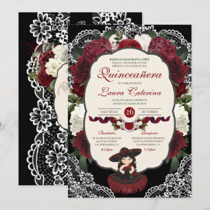 Burgundy Red Black Floral Elegant Charro Quince Kaart