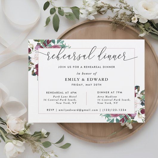 Burgundy Red Blooms Rehearsal Dinner Kaart