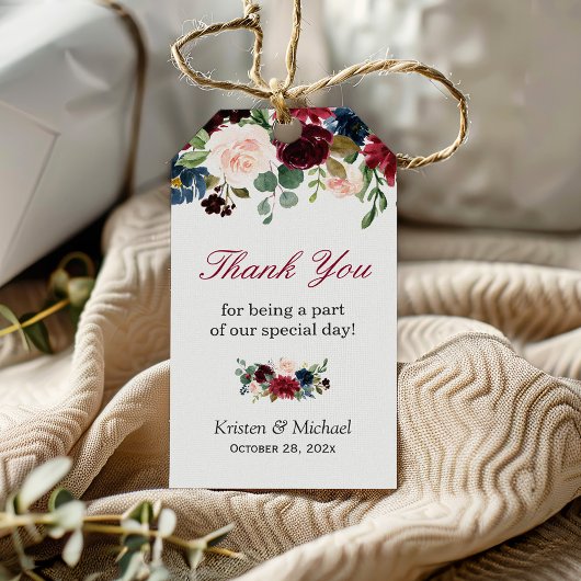 Burgundy Red Blue Floral bruiloft Favor Cadeaulabel