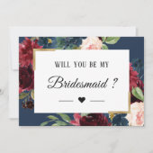 Burgundy Red Blue Floral zal je mijn Bridesmaid zi Kaart (Voorkant)
