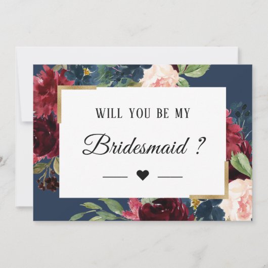 Burgundy Red Blue Floral zal je mijn Bridesmaid zi Kaart (Voorkant)