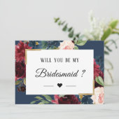 Burgundy Red Blue Floral zal je mijn Bridesmaid zi Kaart (Staand voorkant)