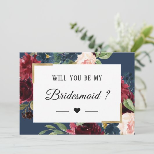 Burgundy Red Blue Floral zal je mijn Bridesmaid zi Kaart (Staand voorkant)