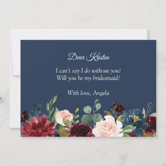 Burgundy Red Blue Floral zal je mijn Bridesmaid zi Kaart (Achterkant)