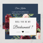 Burgundy Red Blue Floral zal je mijn Bridesmaid zi Kaart (Voorkant / Achterkant)