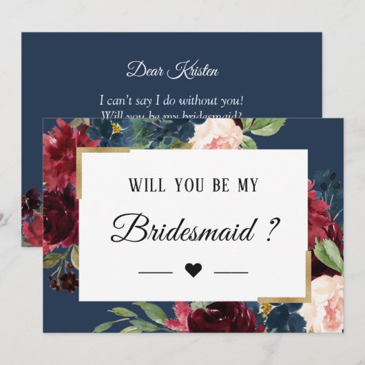 Burgundy Red Blue Floral zal je mijn Bridesmaid zi Kaart (Voorkant / Achterkant)