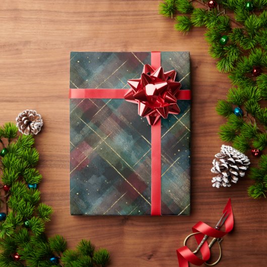 Burgundy Red Blue Green Gold Plaid Christmas Cadeaupapier (Feestdagen Geschenken)