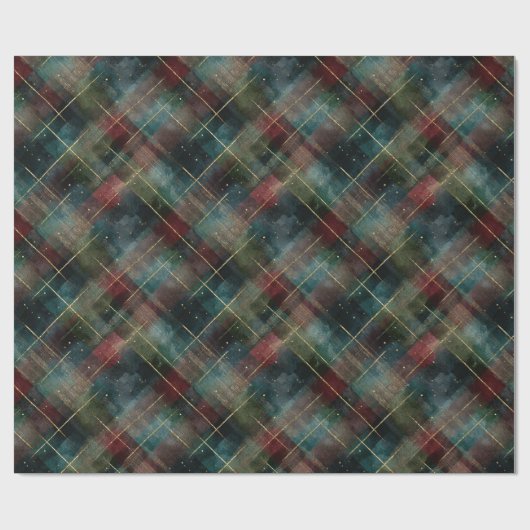 Burgundy Red Blue Green Gold Plaid Christmas Cadeaupapier (Vlak)