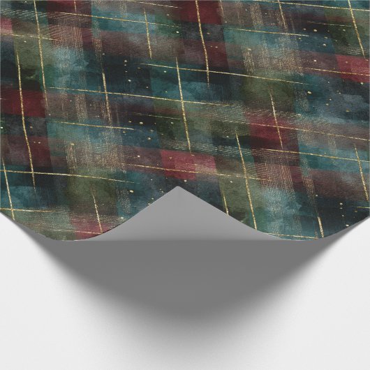 Burgundy Red Blue Green Gold Plaid Christmas Cadeaupapier (Hoek)