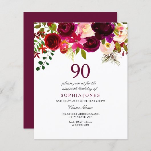 Burgundy Red Blush 90th Birthday Budget Invitation (Voorkant / Achterkant)