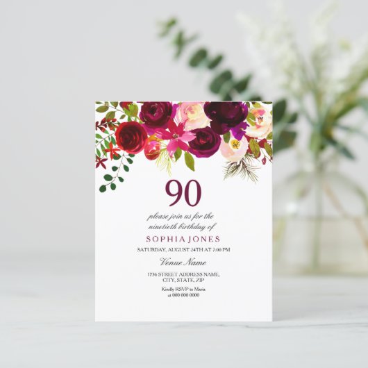Burgundy Red Blush 90th Birthday Budget Invitation (Staand voorkant)