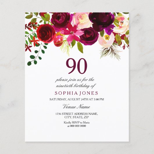 Burgundy Red Blush 90th Birthday Budget Invitation (Voorkant)