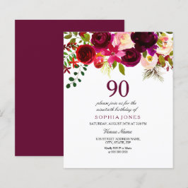 Burgundy Red Blush 90th Birthday Budget Invitation
