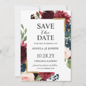 Burgundy Red Blush Blue Floral Modern Glam Wedding Save The Date (Voorkant)