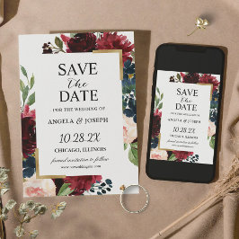 Burgundy Red Blush Blue Floral Modern Glam Wedding Save The Date