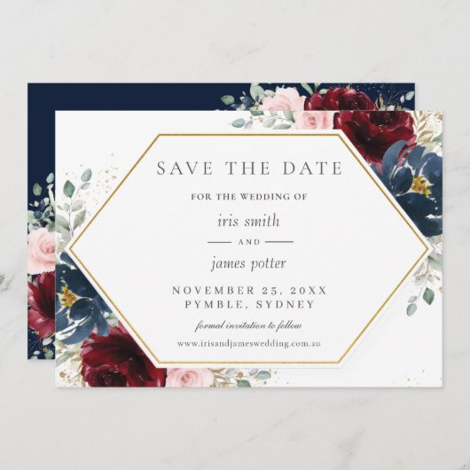 Burgundy Red Blush Blue Floral Wedding Save The Date (Voorkant / Achterkant)