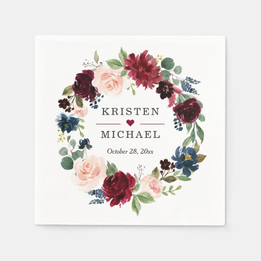Burgundy Red Blush Blue Floral Wreath Weddenschap Servet (Voorkant)