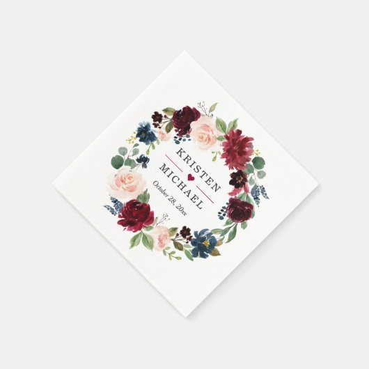 Burgundy Red Blush Blue Floral Wreath Weddenschap Servet (Hoek)