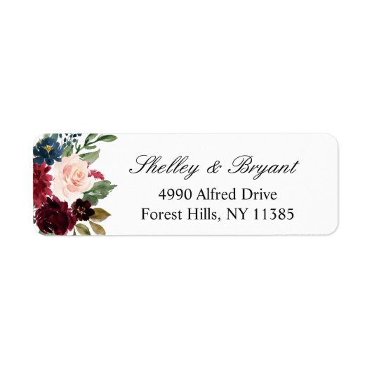 Burgundy Red Blush Blue Waterverf Floral Etiket (Voorkant)