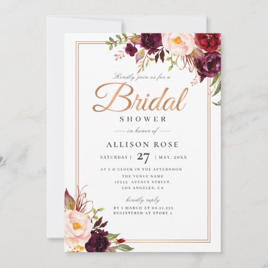 Burgundy red blush bridal douche-uitnodiging kaart (Voorkant)