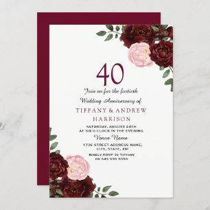 Burgundy Red Blush Floral 40th Wedding Jubileum Kaart