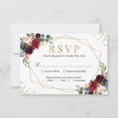 Burgundy Red Blush Floral Blue Gold Glitters RSVP (Voorkant)