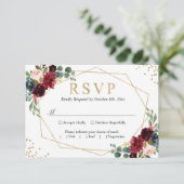 Burgundy Red Blush Floral Blue Gold Glitters RSVP (Staand voorkant)