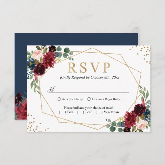 Burgundy Red Blush Floral Blue Gold Glitters RSVP (Voorkant / Achterkant)