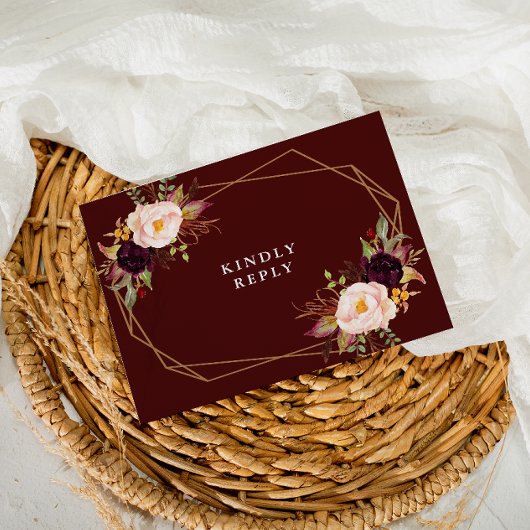Burgundy red & blush floral bruiloft RSVP Briefkaart