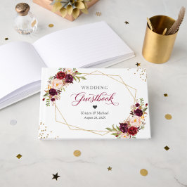 Burgundy Red Blush Floral Gold Geometric Weddensch Gastenboek
