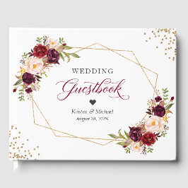Burgundy Red Blush Floral Gold Geometric Weddensch Gastenboek