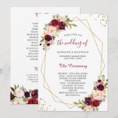 Burgundy Red Blush Floral Gold Geometric Weddensch Programmakaart (Voorkant / Achterkant)