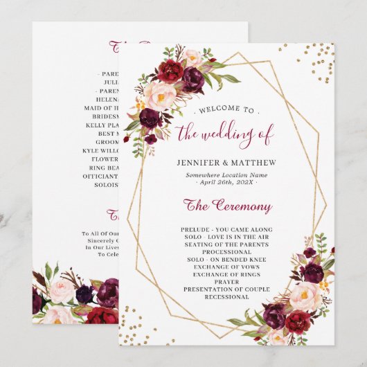 Burgundy Red Blush Floral Gold Geometric Weddensch Programmakaart (Voorkant / Achterkant)
