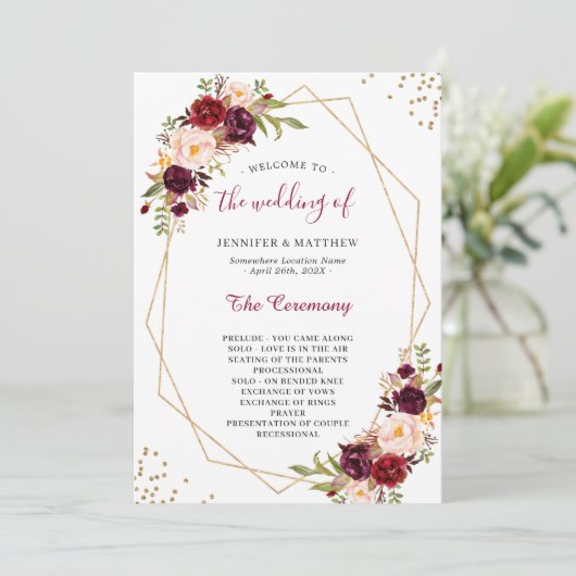 Burgundy Red Blush Floral Gold Geometric Weddensch Programmakaart (Staand voorkant)