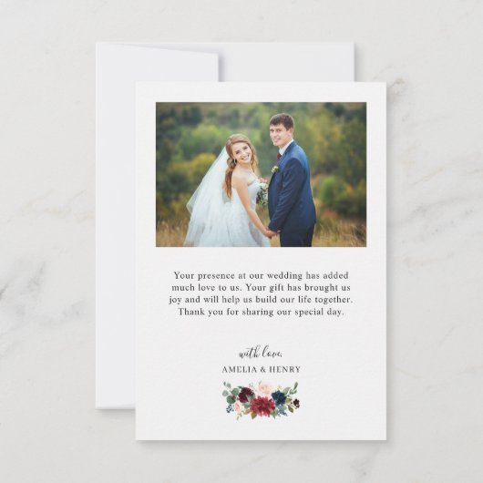 Burgundy Red Blush Floral Modern Wedding 2 Foto Bedankkaart (Achterkant)